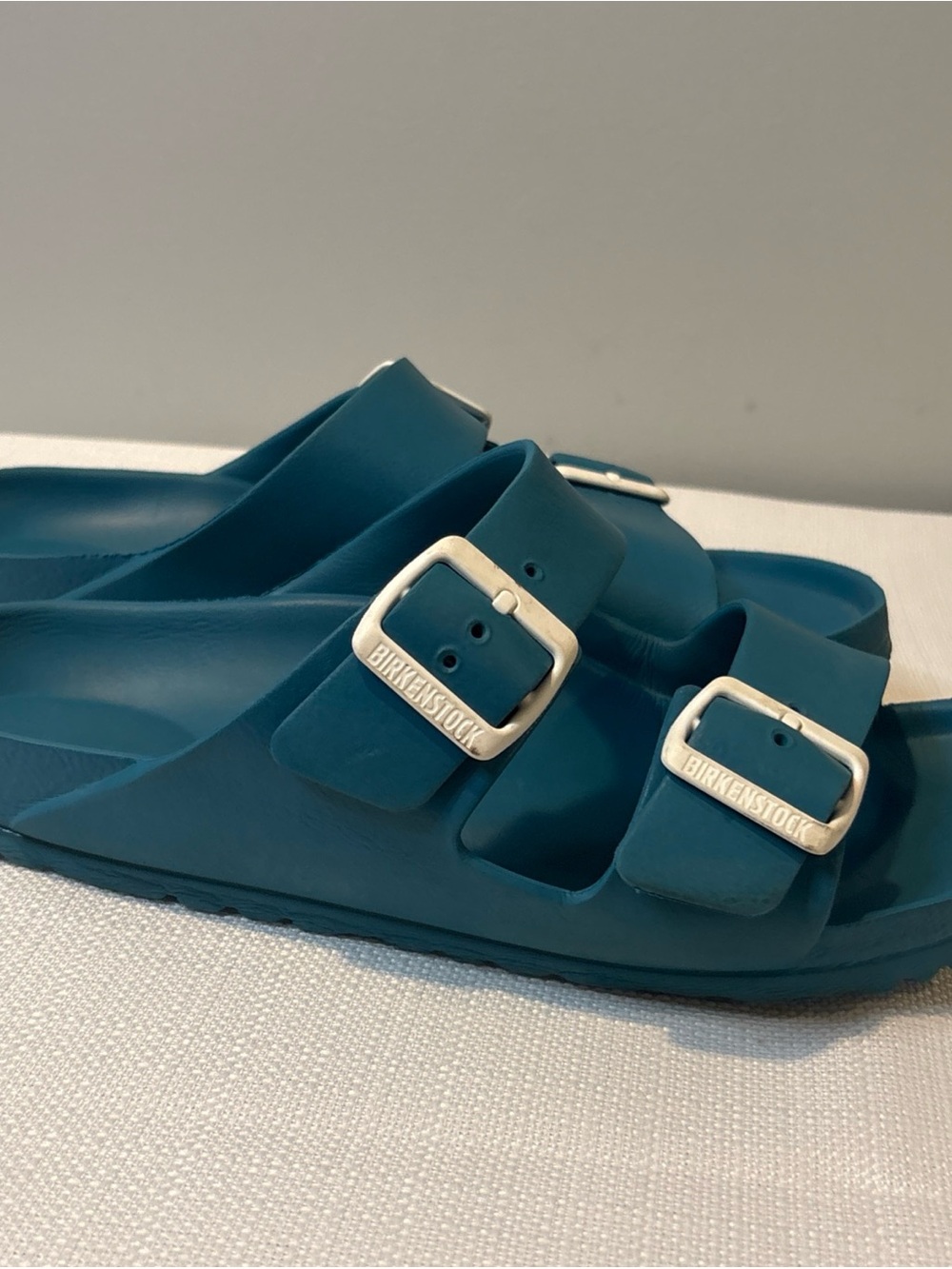 Birkenstock Arizona Teal Blue Two-Strap Slide Sandals - Picture 2 of 8